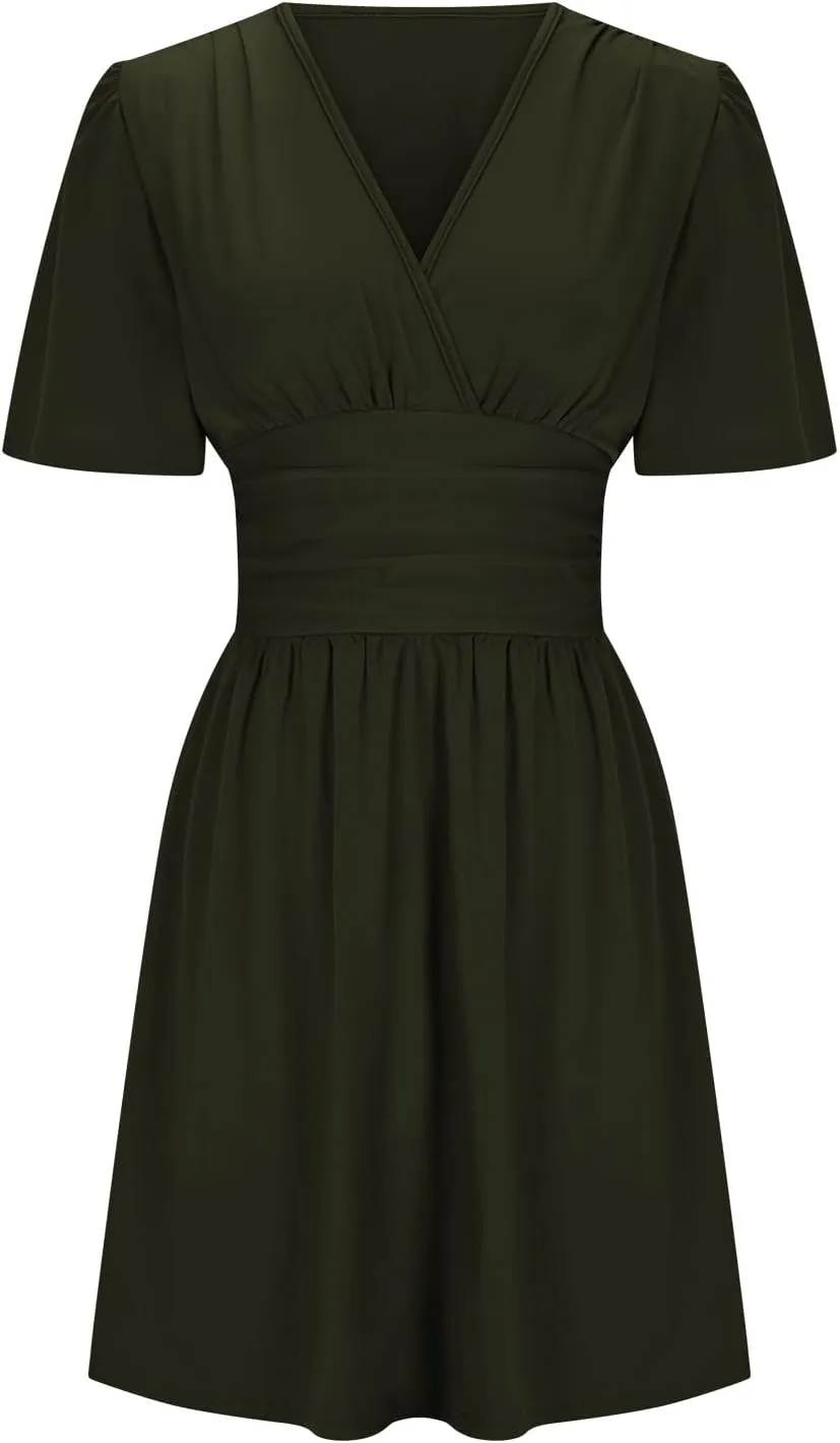 Lmdudan 2025 Women's Summer Dress Short Sleeve Deep V Neck Elegant Ruffle Mini Dress Elastic Waist Dresses Vacation Sundress