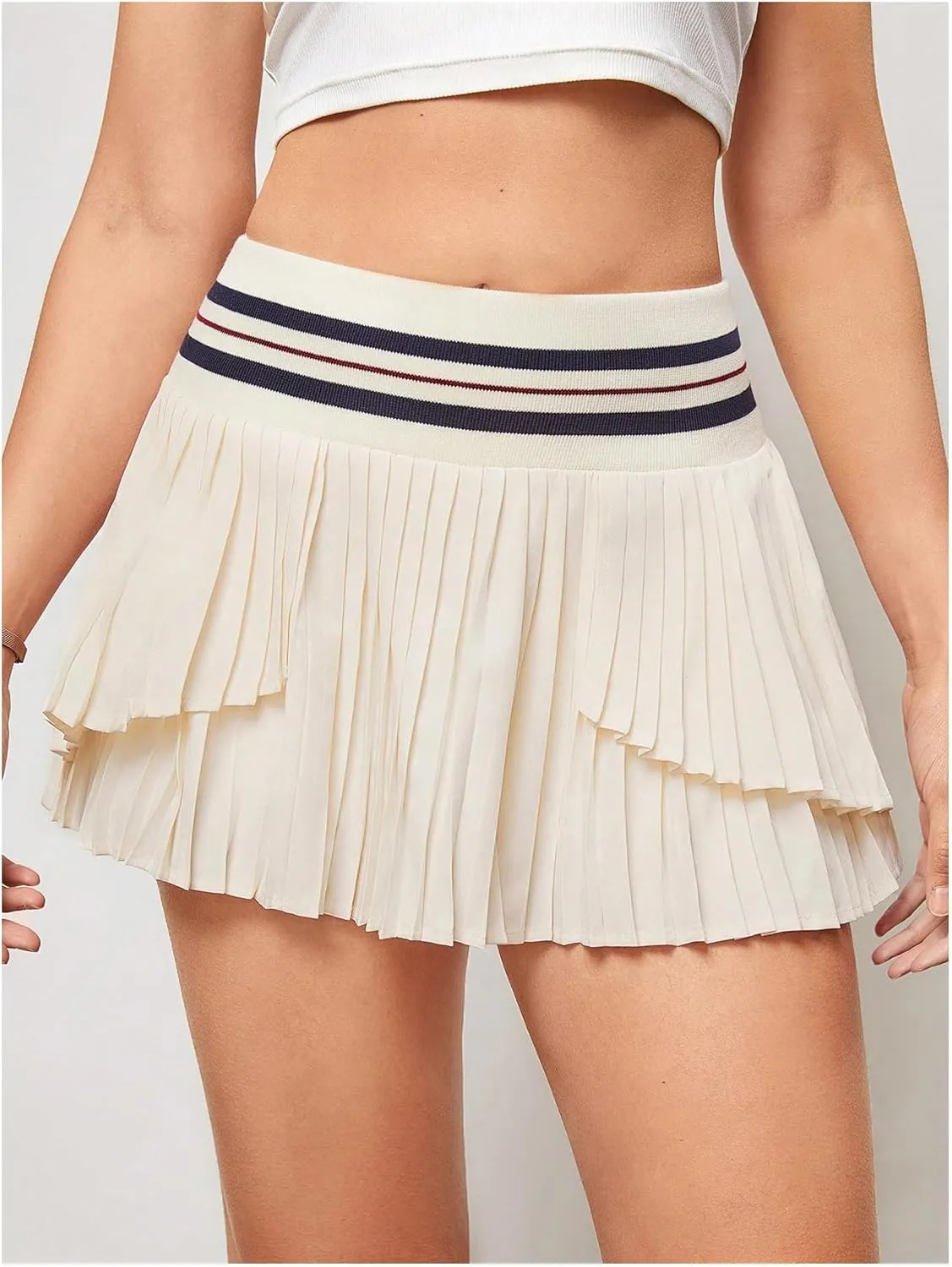 MakeMeChic Women's Striped Pleated Summer Tennis Skirt Ruffle Layered A Line Sports Mini Skorts