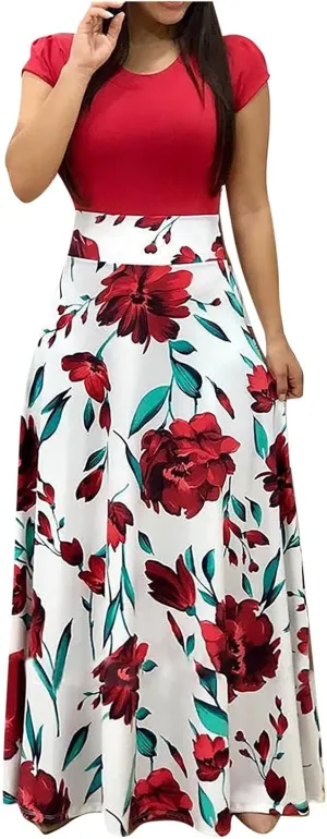 Maxi Dresses for Women's Plus Size Boho Floral Dress Beach Sundress Fashion Short Sleeves Midi Swing Party Dress