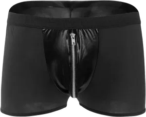 Men Ice Silk Mesh Boxer Briefs Sexy Open Crotch Faux Leather Short Pants with Zipper Stretch Breathable Underwear (Black,Large)