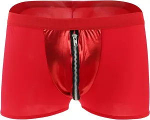 Men Ice Silk Mesh Boxer Briefs Sexy Open Crotch Faux Leather Short Pants with Zipper Stretch Breathable Underwear (Red,X-Large)
