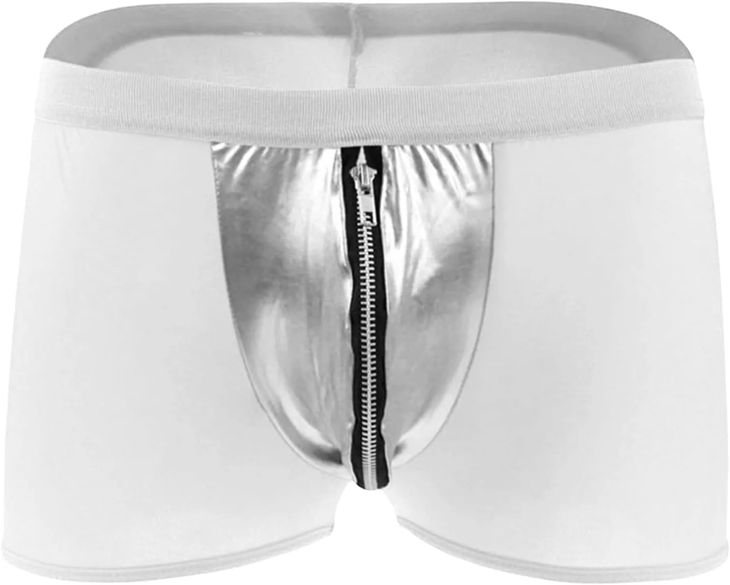 Men Ice Silk Mesh Boxer Briefs Sexy Open Crotch Faux Leather Short Pants with Zipper Stretch Breathable Underwear (White,XX-Large)