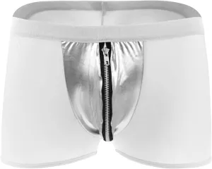 Men Ice Silk Mesh Boxer Briefs Sexy Open Crotch Faux Leather Short Pants with Zipper Stretch Breathable Underwear (White,XX-Large)