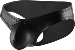Men Imitation Leather Brief Underwear Sexy Low Waist G String T Back Thong Swimwear Workout Sport Breathable Bikini (Black,X-Large)