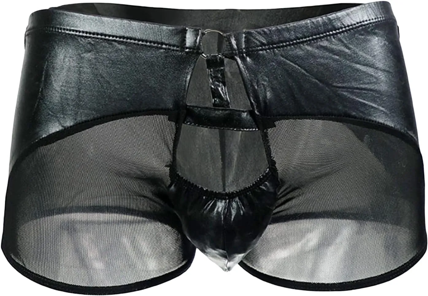 Men Sexy Imitation Leather Mesh Boxer Briefs Underwear Low Rise See Through Boxer Stretch Breathable Underpants (Black,Medium)