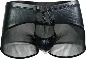 Men Sexy Imitation Leather Mesh Boxer Briefs Underwear Low Rise See Through Boxer Stretch Breathable Underpants (Black,Medium)