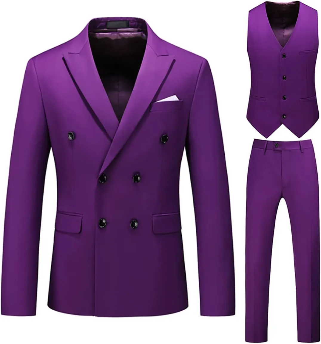 Men's 3 Piece Suit Slim Fit Double Breasted Tuxedo Formal Blazer Pants Vest Suit Set for Wedding Casual Business