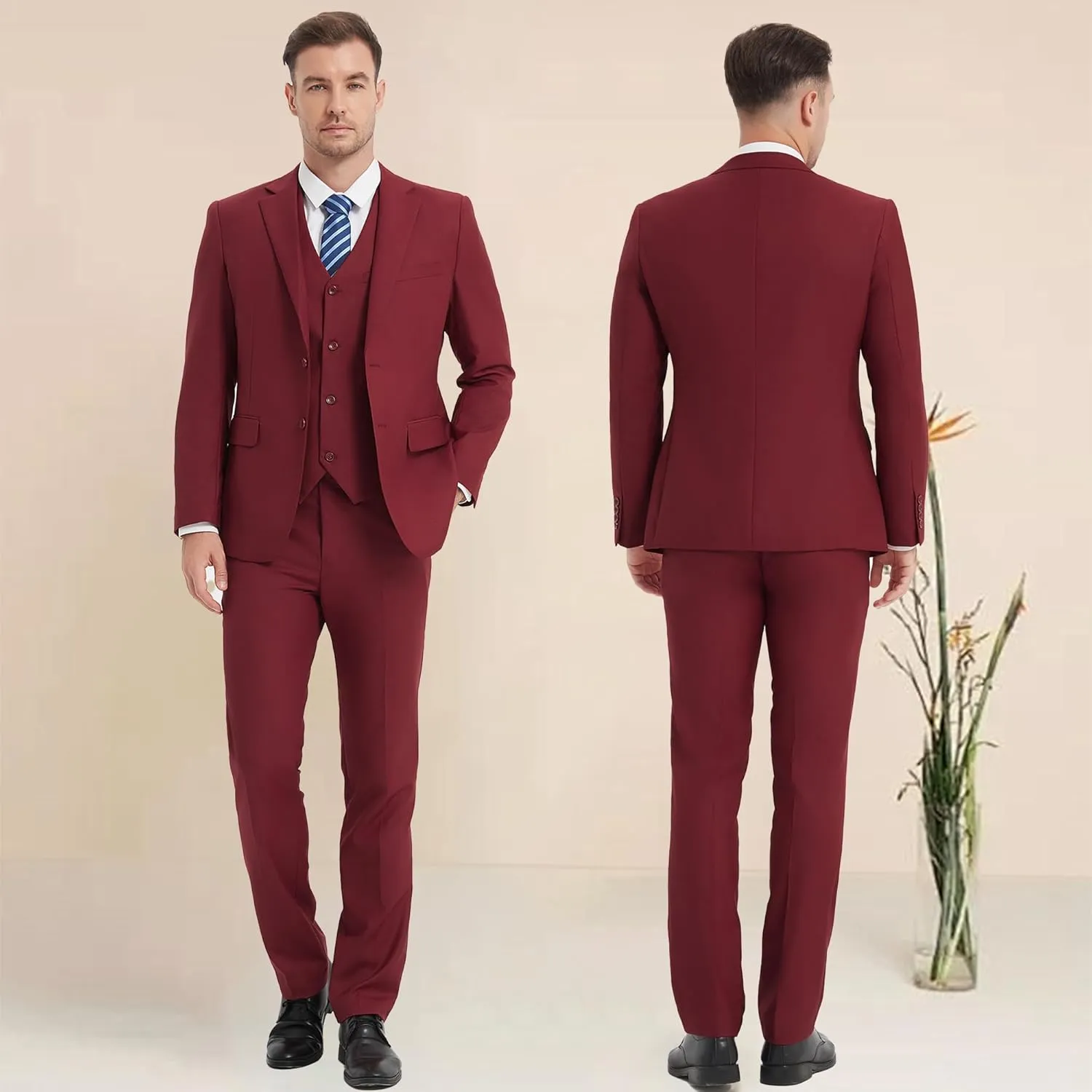 Men's 3 Pieces Slim Fit Suit One Button Notch Lapel Jacket Vest Pants Set Solid Wedding Business Tuxedo Suits