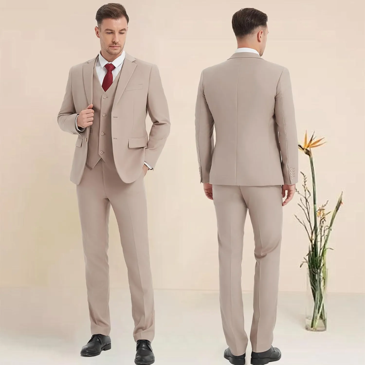 Men's 3 Pieces Slim Fit Suit One Button Notch Lapel Jacket Vest Pants Set Solid Wedding Business Tuxedo Suits