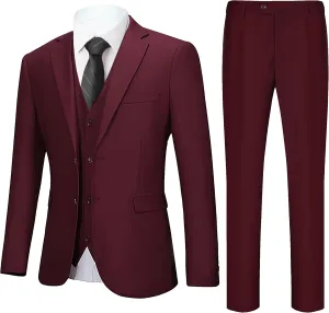 Men's 3 Pieces Slim Fit Suit One Button Notch Lapel Jacket Vest Pants Set Solid Wedding Business Tuxedo Suits