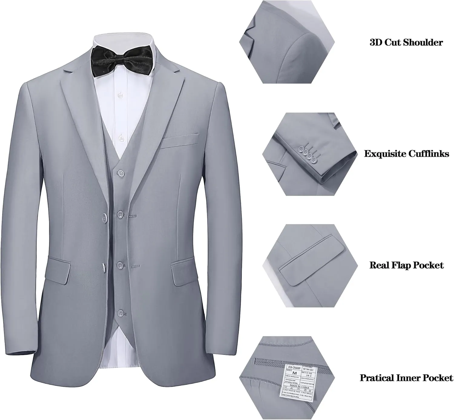 Men's 3 Pieces Slim Fit Suit One Button Notch Lapel Jacket Vest Pants Set Solid Wedding Business Tuxedo Suits