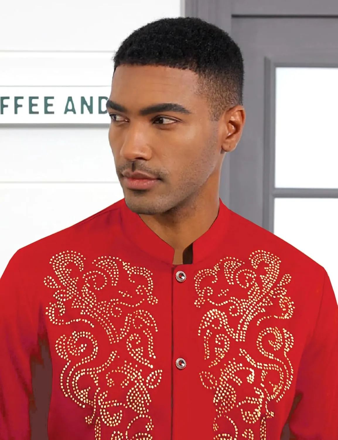 Mens African 2 Piece Set Glitter Rhinestone Traditional Suit Shiny Blingbling Sparkle Metallic Dashiki Shirt Pant Outfit