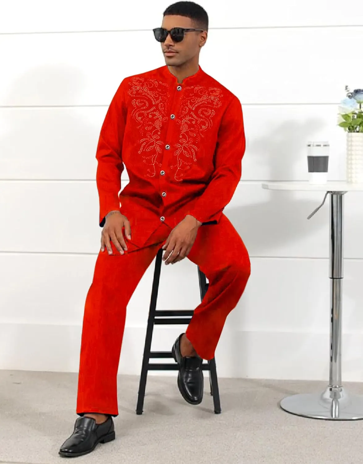 Mens African 2 Piece Set Glitter Rhinestone Traditional Suit Shiny Blingbling Sparkle Metallic Dashiki Shirt Pant Outfit