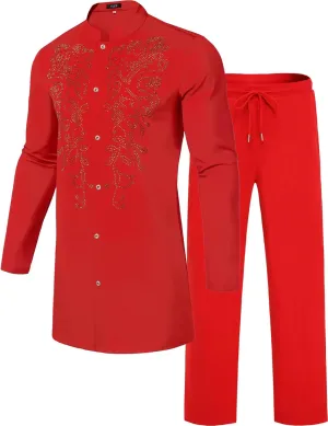 Mens African 2 Piece Set Glitter Rhinestone Traditional Suit Shiny Blingbling Sparkle Metallic Dashiki Shirt Pant Outfit