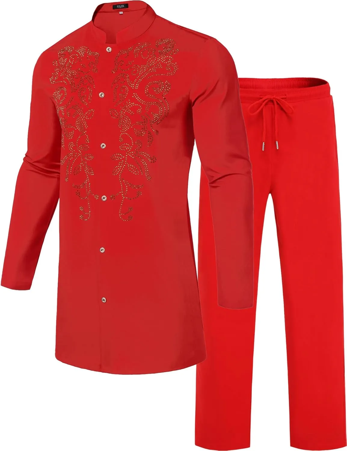Mens African 2 Piece Set Glitter Rhinestone Traditional Suit Shiny Blingbling Sparkle Metallic Dashiki Shirt Pant Outfit