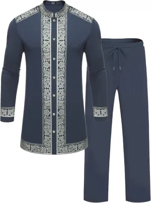 Mens African 2 Piece Set Nigerian Dashiki Metallic Traditional Suit Gold Stamp Printed Shirt and Pants Outfit