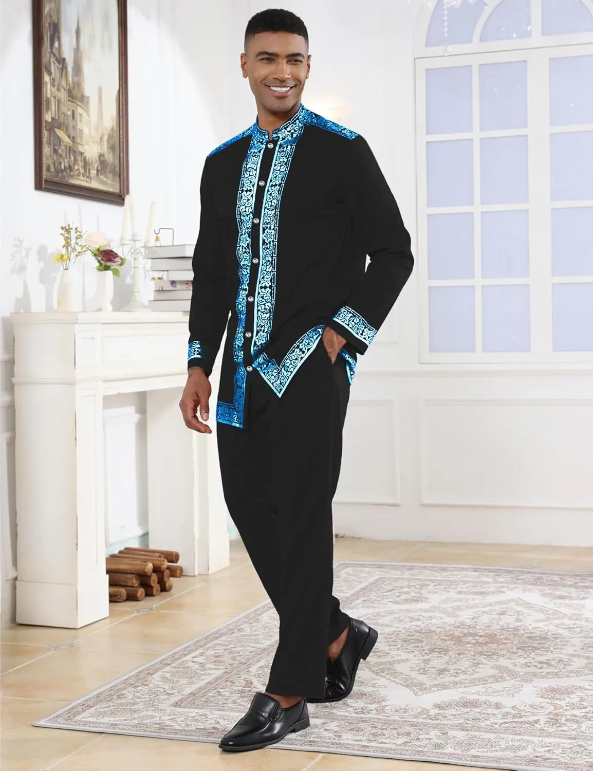 Mens African 2 Piece Set Nigerian Dashiki Metallic Traditional Suit Gold Stamp Printed Shirt and Pants Outfit