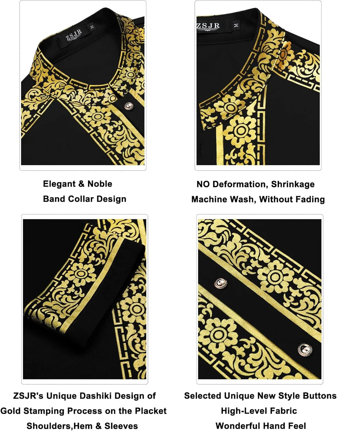 Mens African 2 Piece Set Nigerian Dashiki Metallic Traditional Suit Gold Stamp Printed Shirt and Pants Outfit