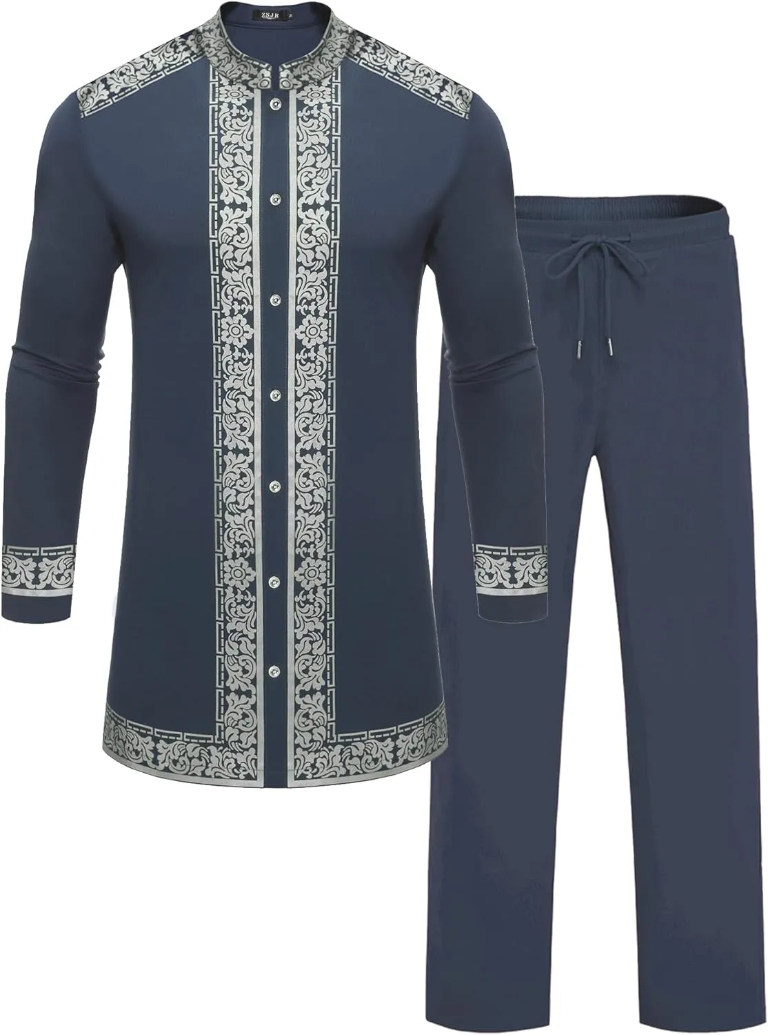 Mens African 2 Piece Set Nigerian Dashiki Metallic Traditional Suit Gold Stamp Printed Shirt and Pants Outfit