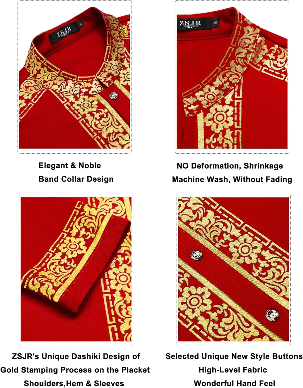 Mens African 2 Piece Set Nigerian Dashiki Metallic Traditional Suit Gold Stamp Printed Shirt and Pants Outfit
