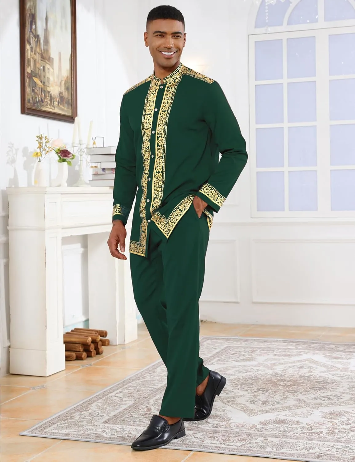 Mens African 2 Piece Set Nigerian Dashiki Metallic Traditional Suit Gold Stamp Printed Shirt and Pants Outfit