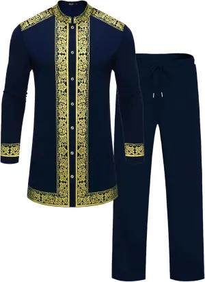 Mens African 2 Piece Set Nigerian Dashiki Metallic Traditional Suit Gold Stamp Printed Shirt and Pants Outfit