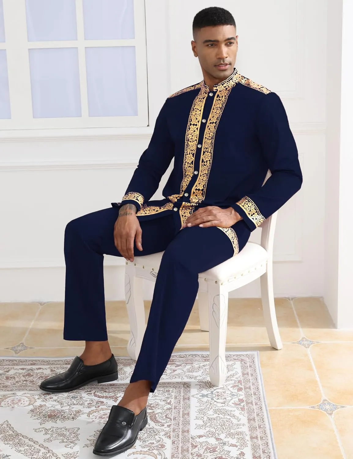 Mens African 2 Piece Set Nigerian Dashiki Metallic Traditional Suit Gold Stamp Printed Shirt and Pants Outfit