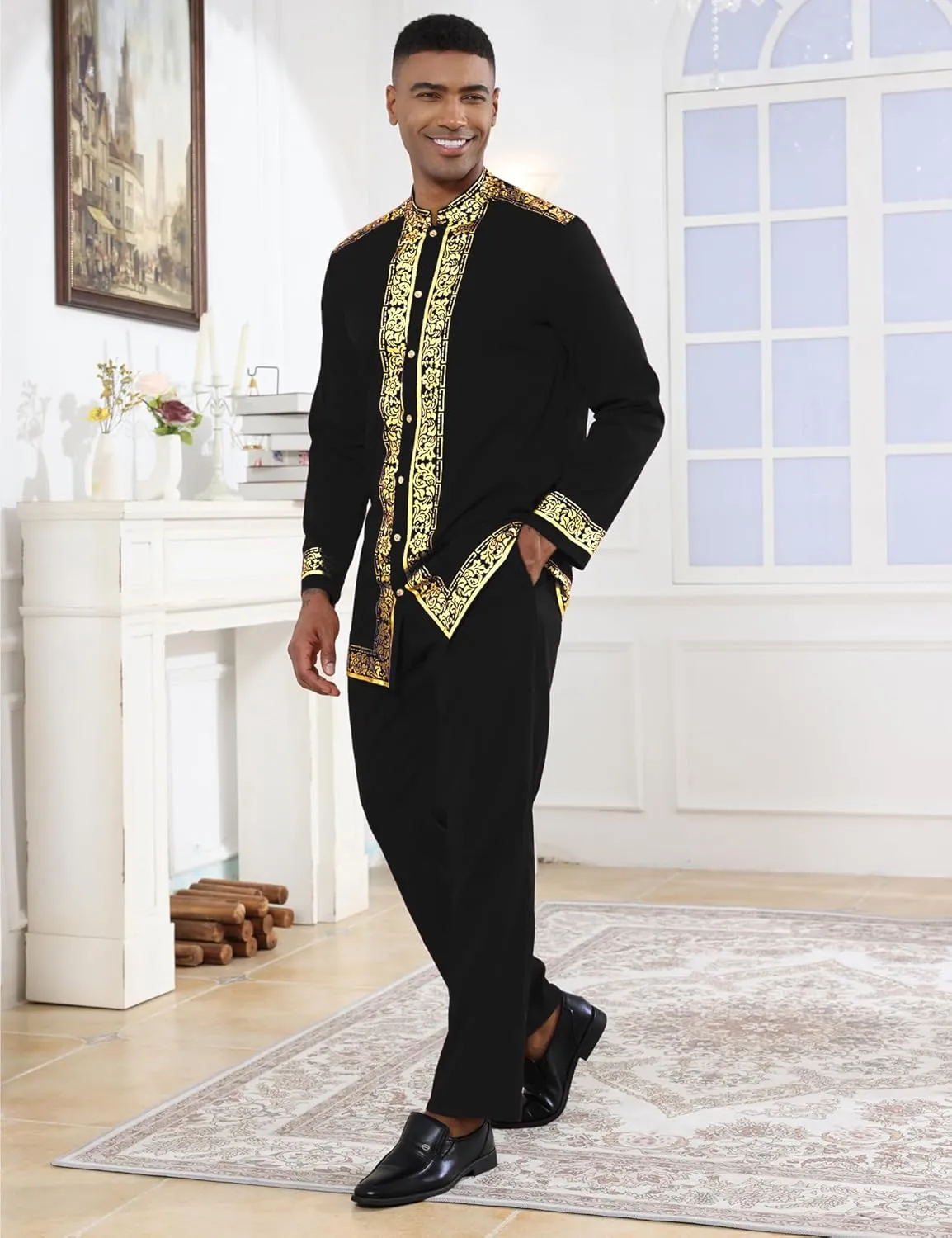Mens African 2 Piece Set Nigerian Dashiki Metallic Traditional Suit Gold Stamp Printed Shirt and Pants Outfit