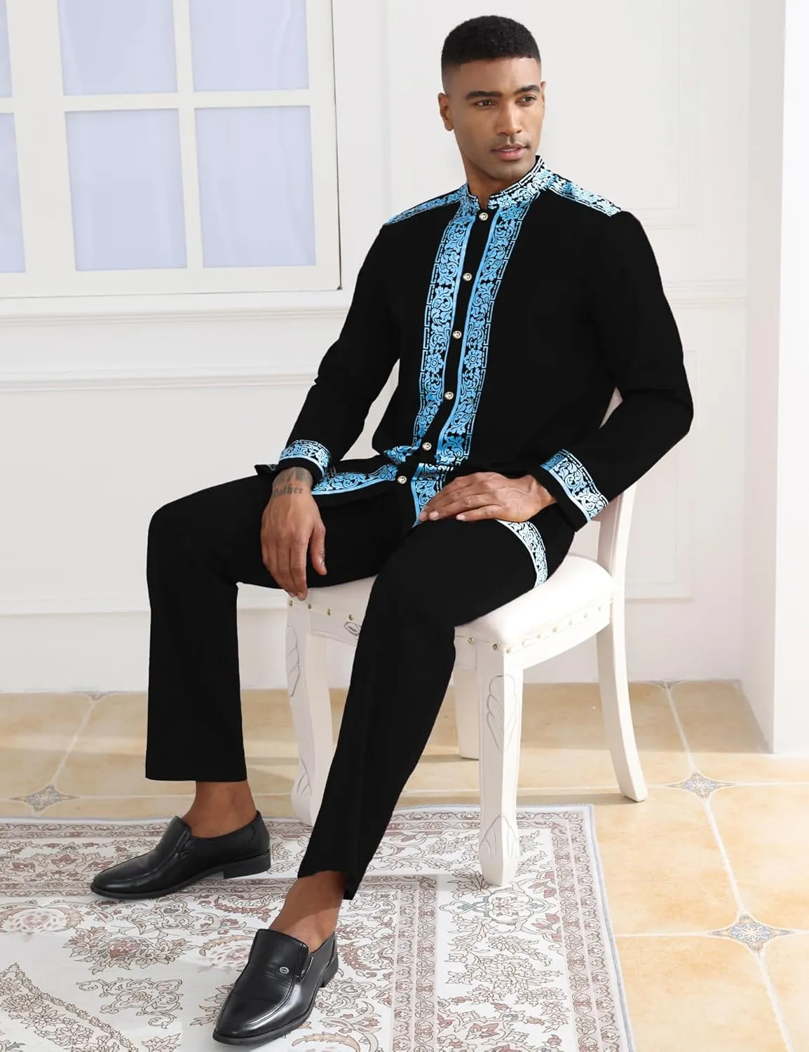 Mens African 2 Piece Set Nigerian Dashiki Metallic Traditional Suit Gold Stamp Printed Shirt and Pants Outfit