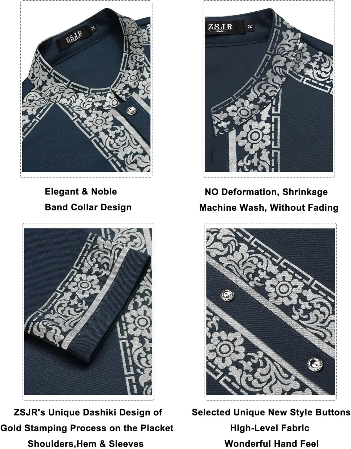 Mens African 2 Piece Set Nigerian Dashiki Metallic Traditional Suit Gold Stamp Printed Shirt and Pants Outfit