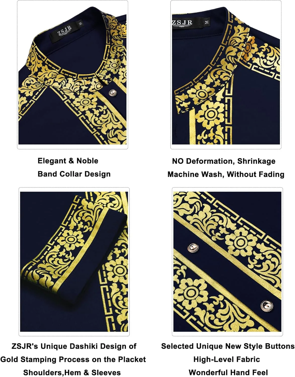 Mens African 2 Piece Set Nigerian Dashiki Metallic Traditional Suit Gold Stamp Printed Shirt and Pants Outfit