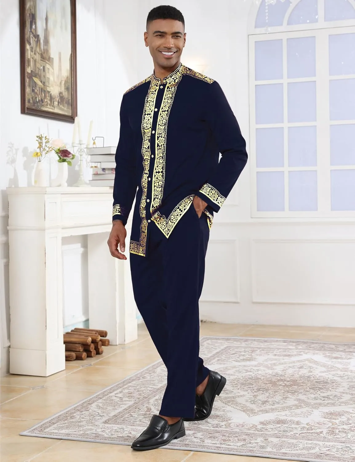 Mens African 2 Piece Set Nigerian Dashiki Metallic Traditional Suit Gold Stamp Printed Shirt and Pants Outfit