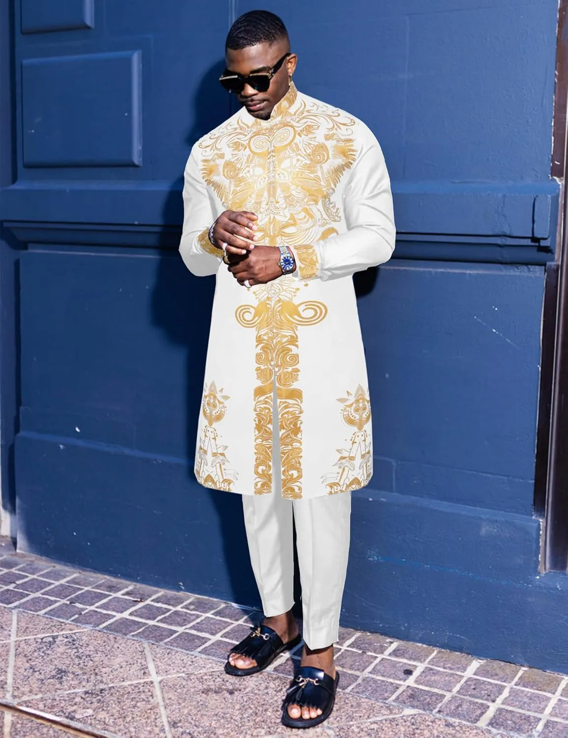 Mens African 2 Piece Set Zipper Nigerian Dashiki Metallic Shirt and Pants Outfit Gold Stamp Printed Long Traditional Suit