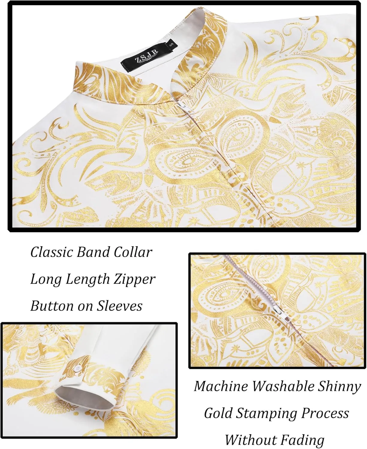 Mens African 2 Piece Set Zipper Nigerian Dashiki Metallic Shirt and Pants Outfit Gold Stamp Printed Long Traditional Suit