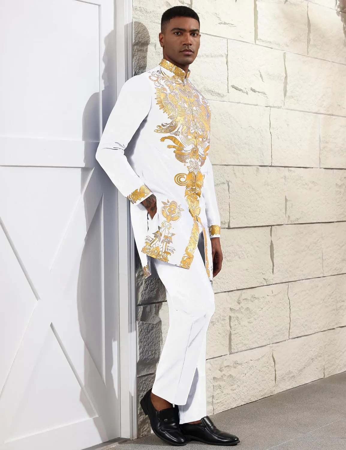 Mens African 2 Piece Set Zipper Nigerian Dashiki Metallic Shirt and Pants Outfit Gold Stamp Printed Long Traditional Suit