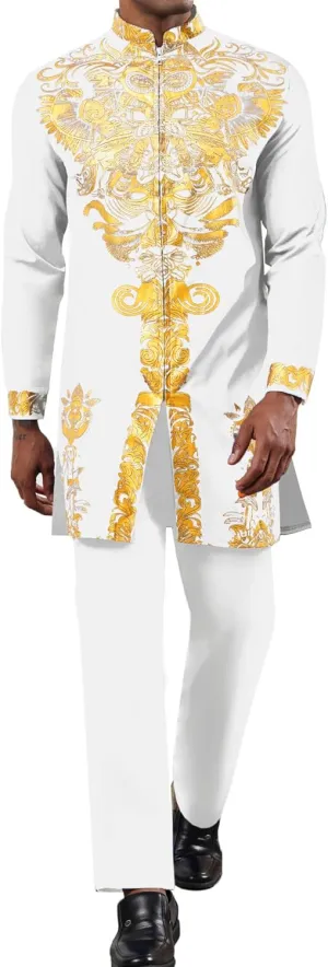 Mens African 2 Piece Set Zipper Nigerian Dashiki Metallic Shirt and Pants Outfit Gold Stamp Printed Long Traditional Suit