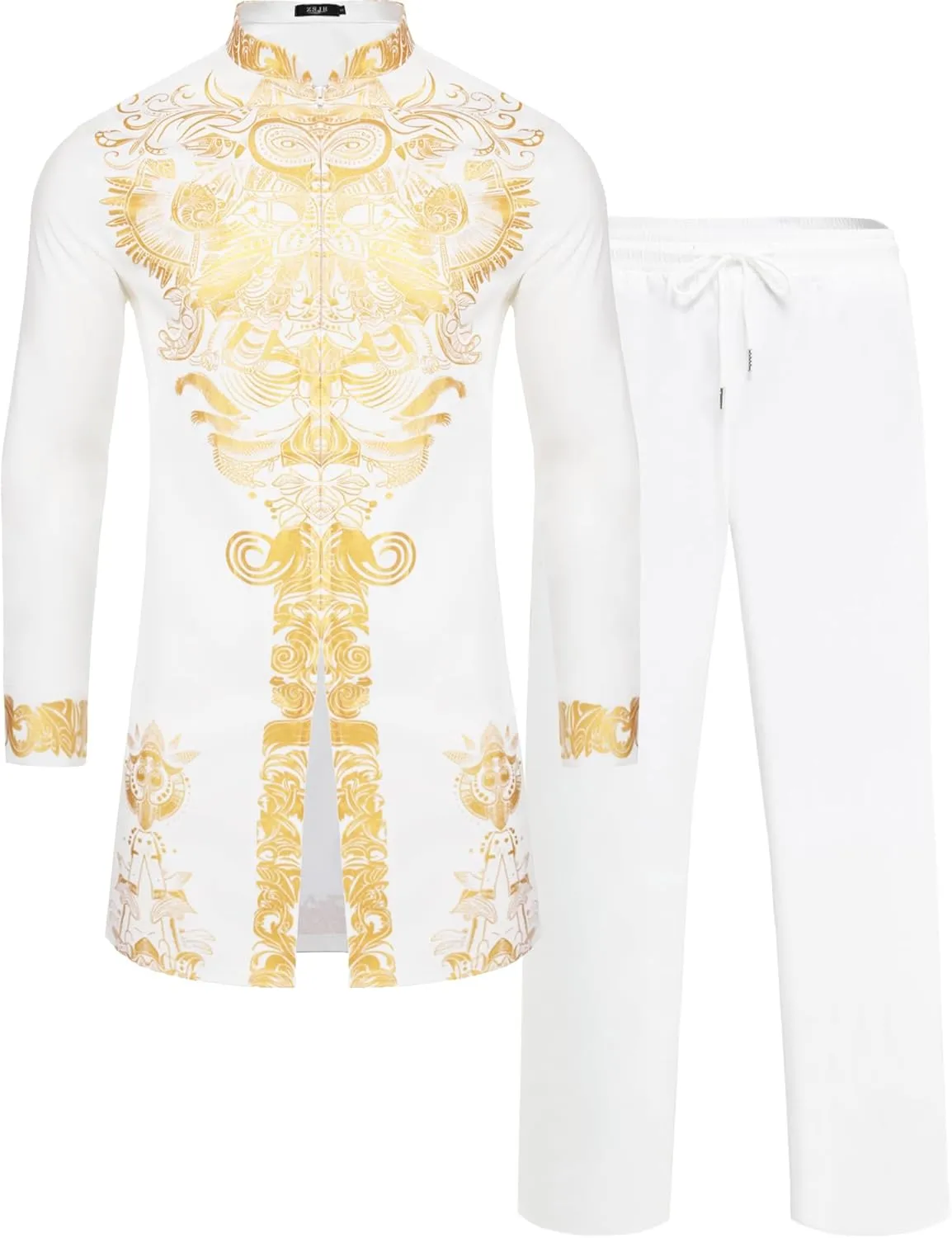 Mens African 2 Piece Set Zipper Nigerian Dashiki Metallic Shirt and Pants Outfit Gold Stamp Printed Long Traditional Suit