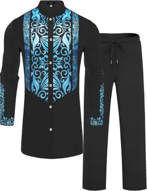 Mens African 2 Piece Sets Dashiki Metallic Traditional Suit Gold Stamp Printed Shirt and Pants Outfit