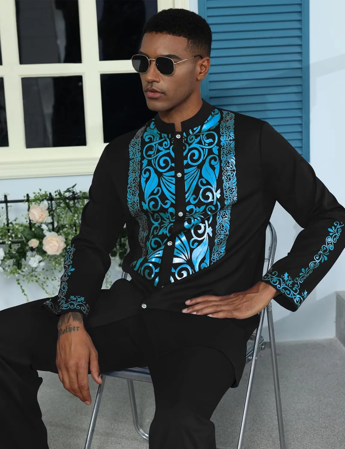 Mens African 2 Piece Sets Dashiki Metallic Traditional Suit Gold Stamp Printed Shirt and Pants Outfit