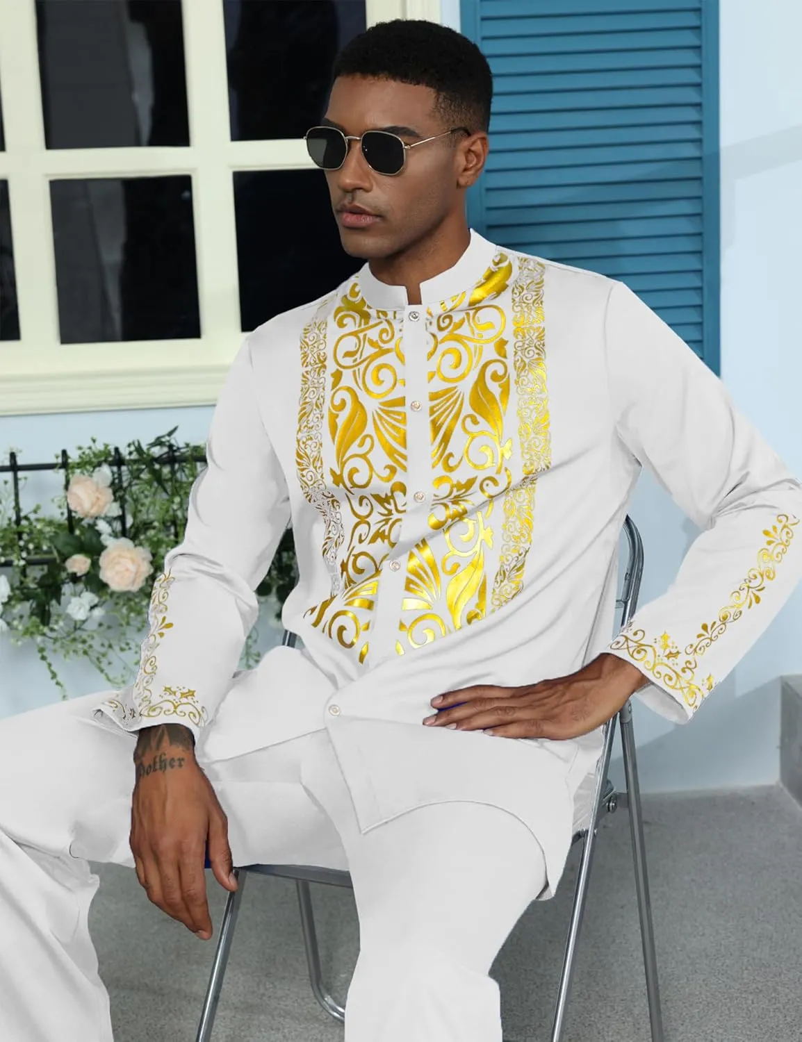 Mens African 2 Piece Sets Dashiki Metallic Traditional Suit Gold Stamp Printed Shirt and Pants Outfit
