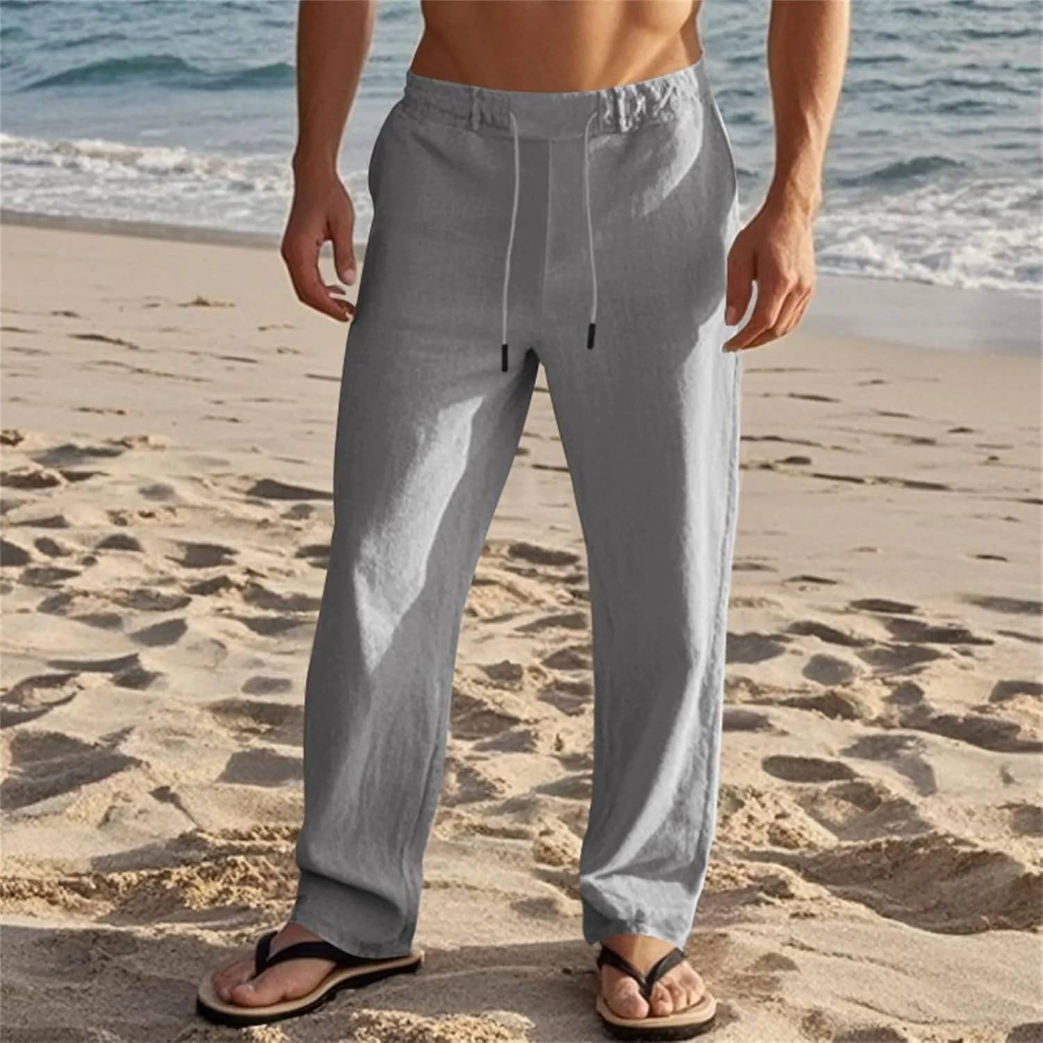 Men's Cotton Linen Pants Drawstring Elastic Waist Lightweight Casual Dressy Pants Slim Yoga Beach Pants with Pockets