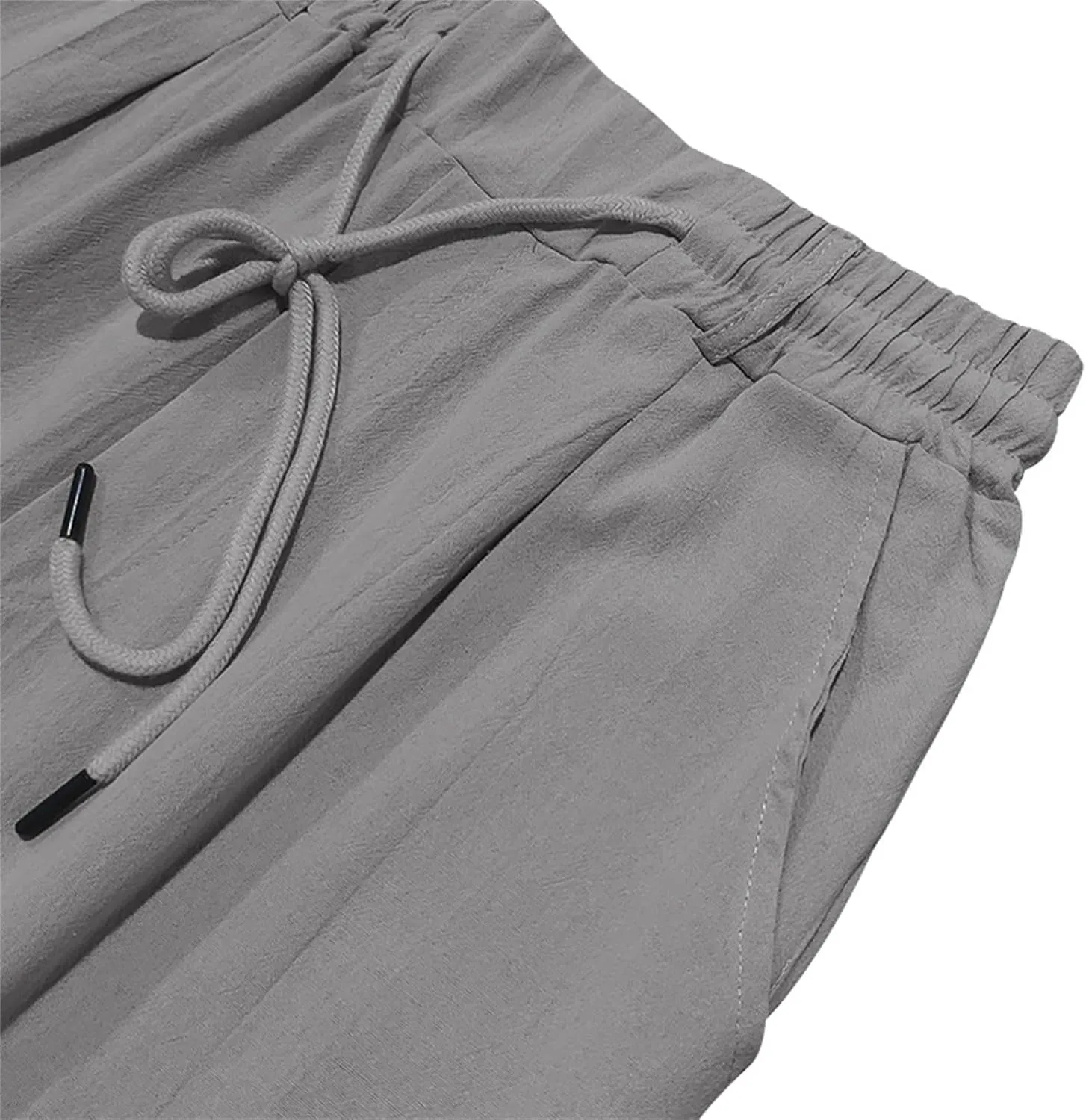 Men's Cotton Linen Pants Drawstring Elastic Waist Lightweight Casual Dressy Pants Slim Yoga Beach Pants with Pockets