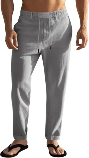 Men's Cotton Linen Pants Drawstring Elastic Waist Lightweight Casual Dressy Pants Slim Yoga Beach Pants with Pockets