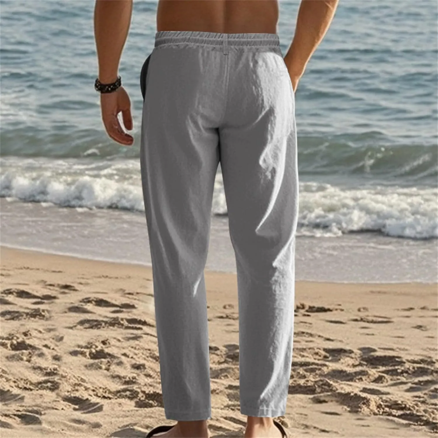 Men's Cotton Linen Pants Drawstring Elastic Waist Lightweight Casual Dressy Pants Slim Yoga Beach Pants with Pockets