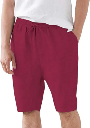 Men's Cotton Linen Shorts with Pockets Solid Color Wide Leg Drawstring Five Pants Lightweight Breathable Summer Basic Capris