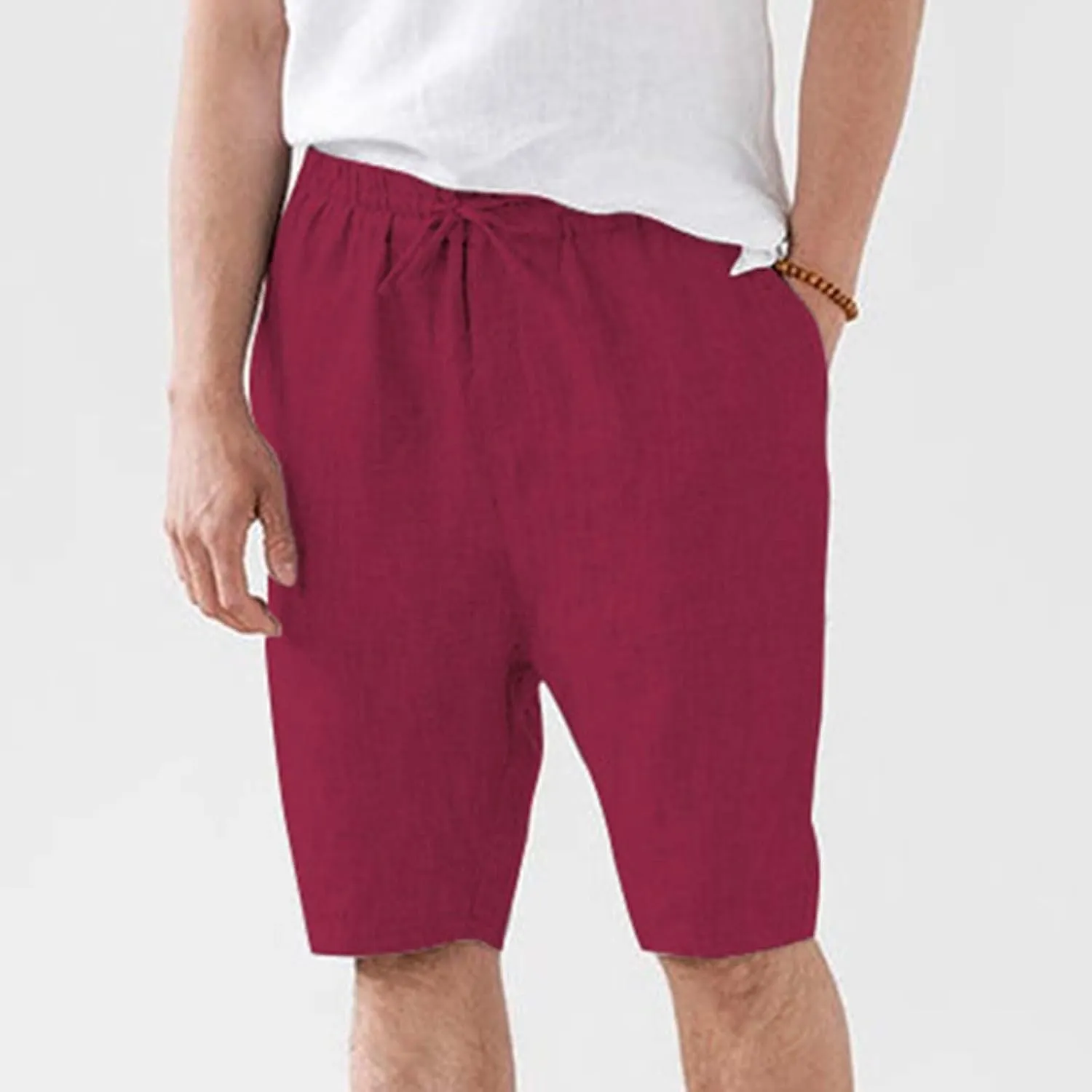 Men's Cotton Linen Shorts with Pockets Solid Color Wide Leg Drawstring Five Pants Lightweight Breathable Summer Basic Capris