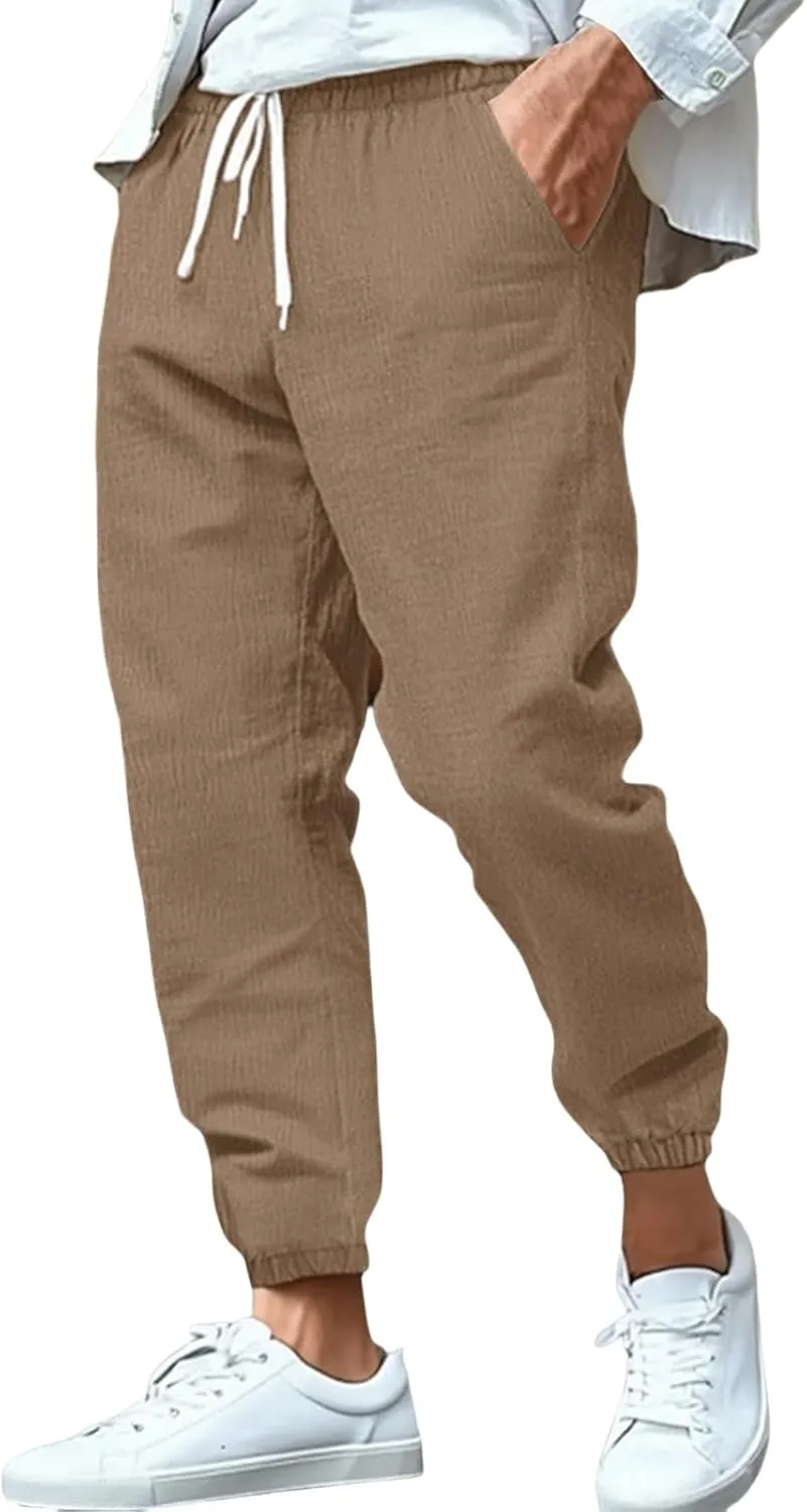 Men's Cotton Linen Tapered Pants Mid Waist Drawstring Pants Solid Color Breathable Comfy Trousers Lounge Thin Trouser