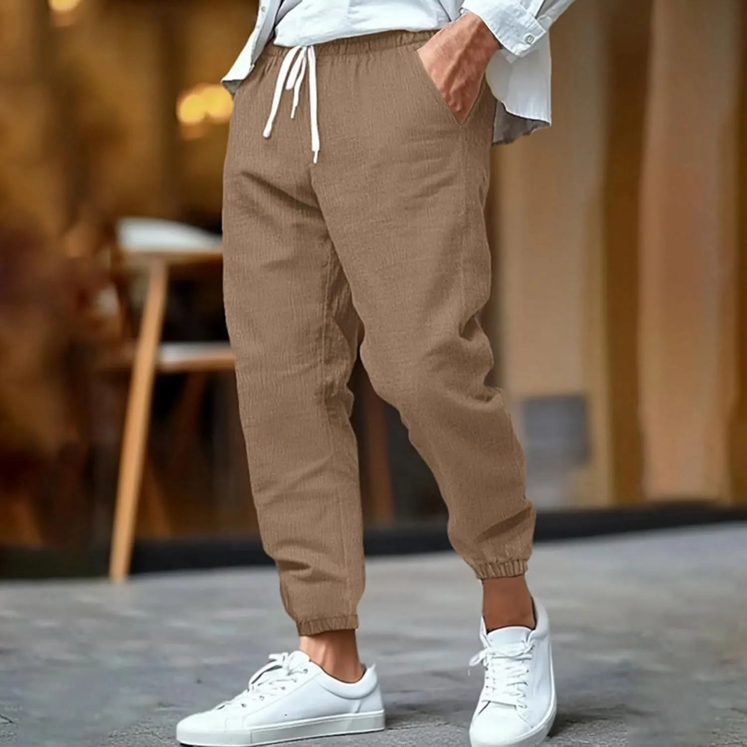 Men's Cotton Linen Tapered Pants Mid Waist Drawstring Pants Solid Color Breathable Comfy Trousers Lounge Thin Trouser