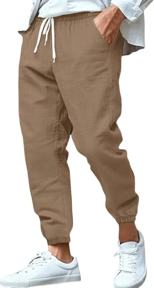 Men's Cotton Linen Tapered Pants Mid Waist Drawstring Pants Solid Color Breathable Comfy Trousers Lounge Thin Trouser