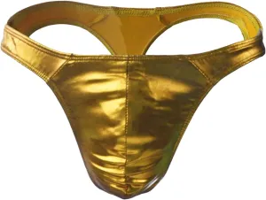 Mens Faux Leather Thong Underwear Sexy Low Rise Bulge Pouch Briefs Breathable Seamless Bikini G-String T-Back (Gold,One Size)